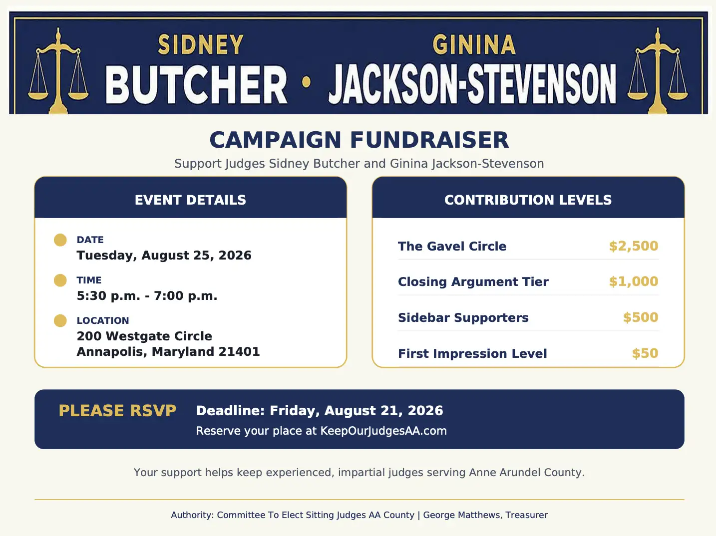 Campaign Fundraiser — Sitting Judges for Anne Arundel County