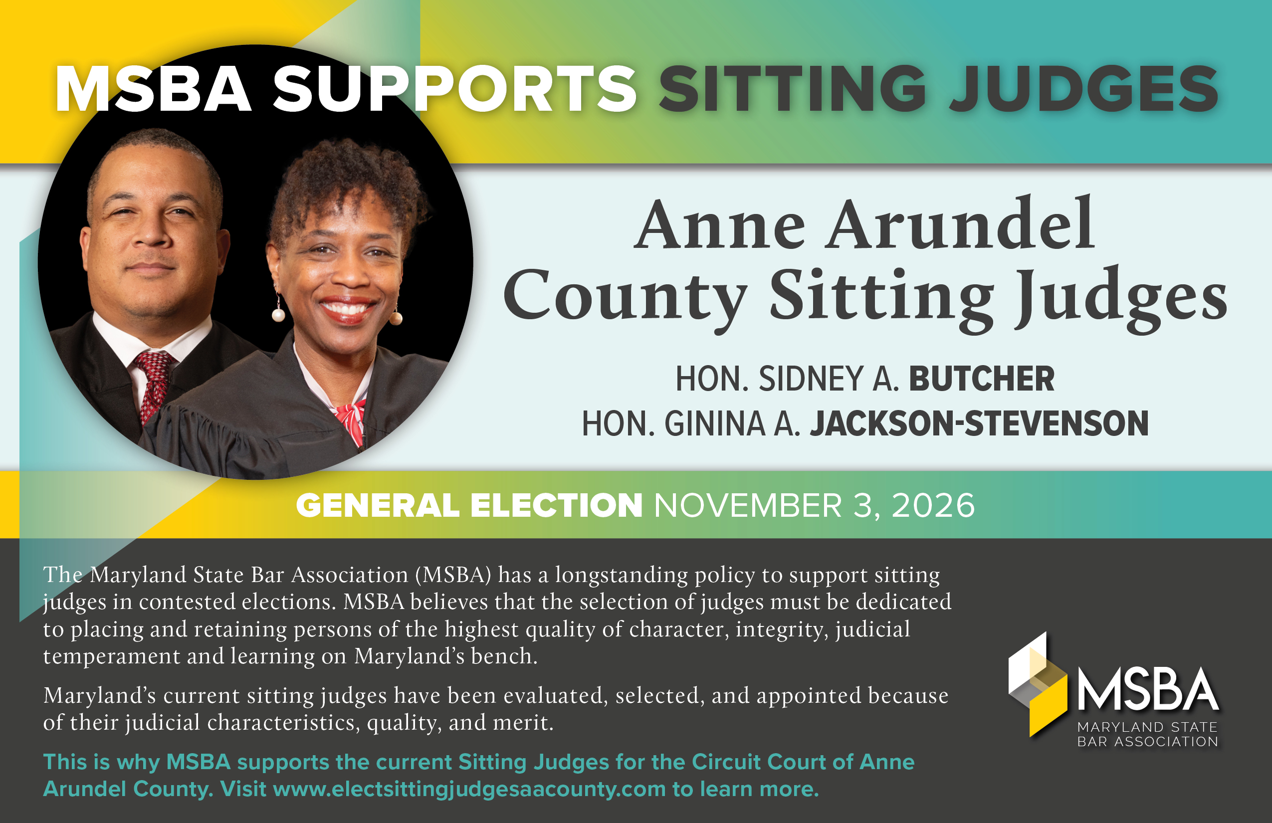 MSBA Supports Sitting Judges — Hon. Sidney A. Butcher and Hon. Ginina A. Jackson-Stevenson, General Election November 3, 2026